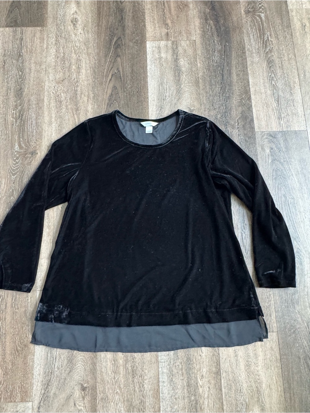 CJ Banks Black Velvet Long Sleeve Top with Layered Hem